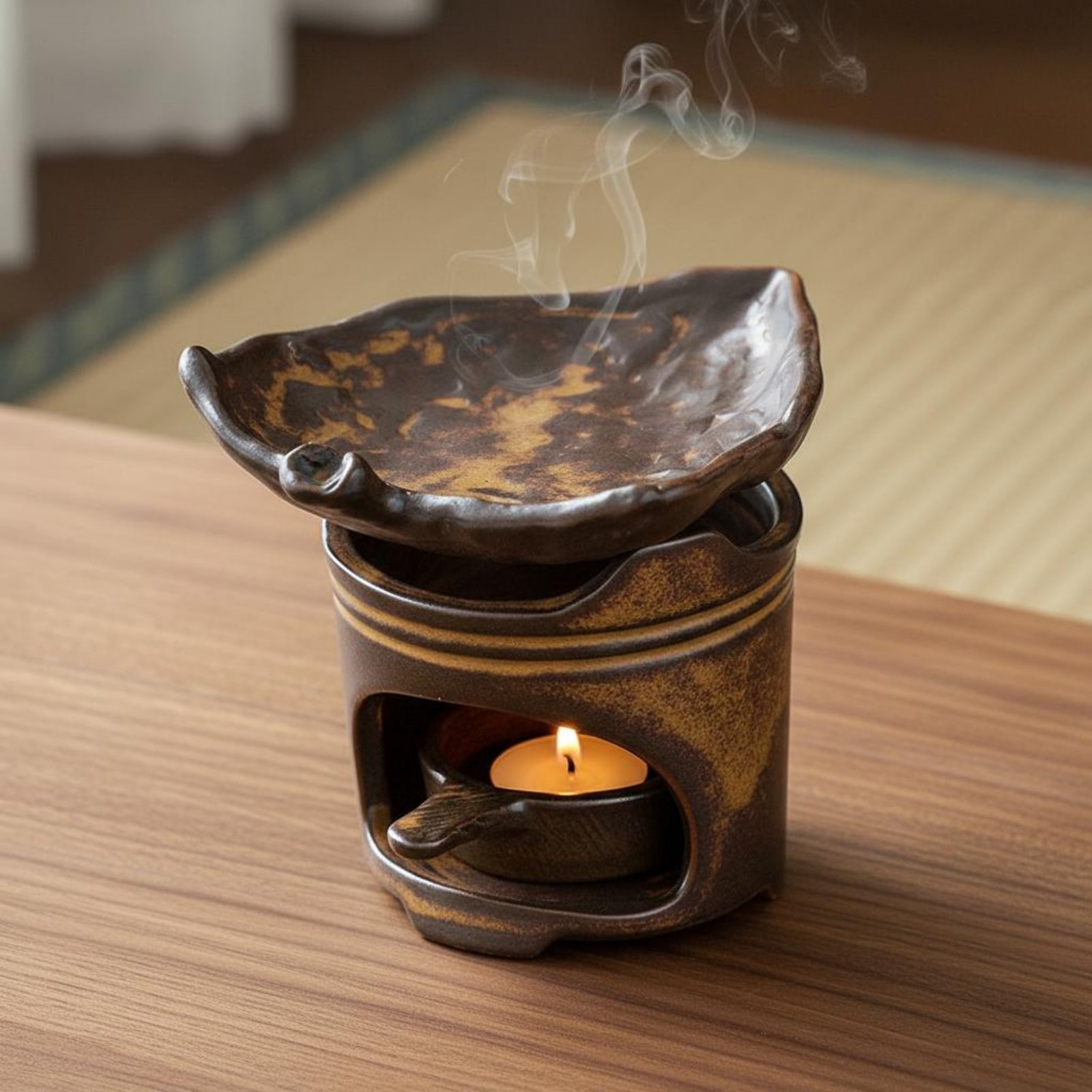 Ceramic Oil Burner - セラミックティーロースター 静寂にインスパイアされたデザイン キャンドル式オイル香りウォーマー 素朴な陶器アロマバーナー ヴィンテージデザイン